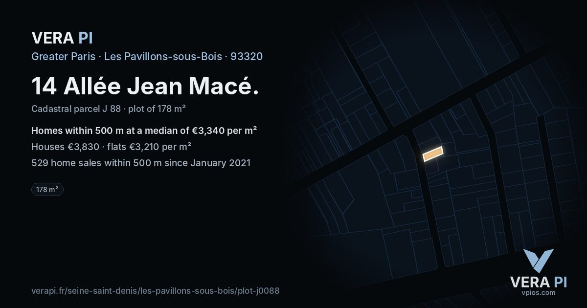 14 Allée Jean Macé, Les Pavillons-sous-Bois at night – the plot lit, the parcels around coloured by the prices near them