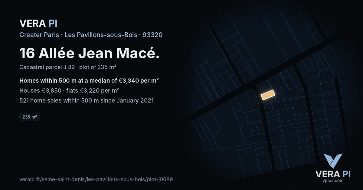 16 Allée Jean Macé, Les Pavillons-sous-Bois at night – the plot lit, the parcels around coloured by the prices near them