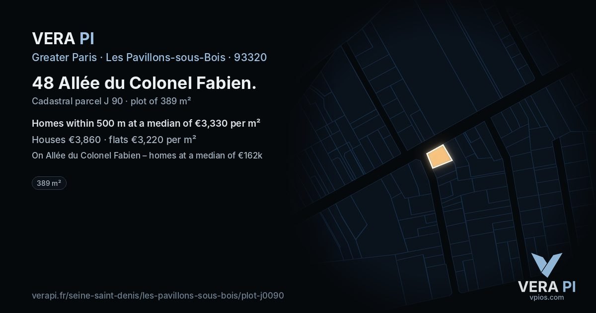 48 Allée du Colonel Fabien, Les Pavillons-sous-Bois at night – the plot lit, the parcels around coloured by the prices near them