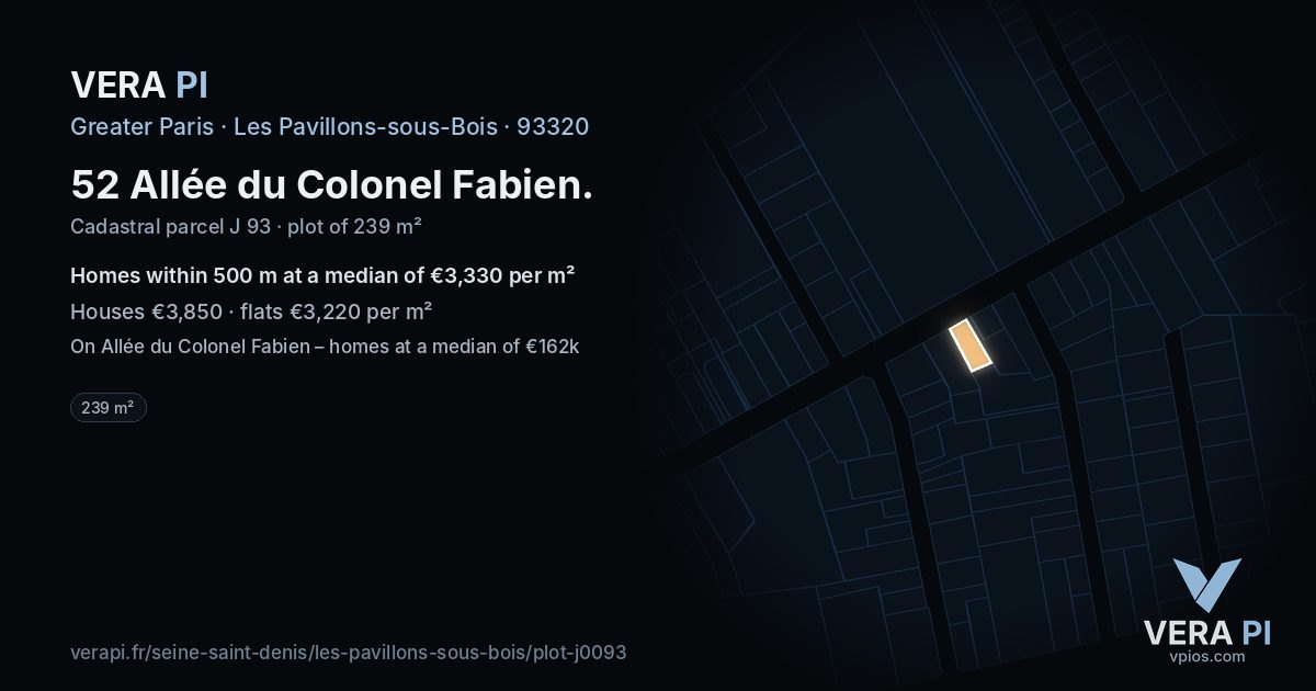 52 Allée du Colonel Fabien, Les Pavillons-sous-Bois at night – the plot lit, the parcels around coloured by the prices near them