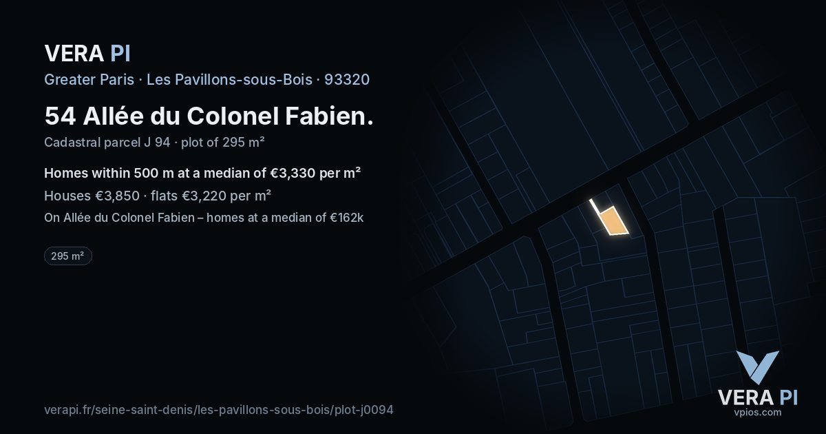 54 Allée du Colonel Fabien, Les Pavillons-sous-Bois at night – the plot lit, the parcels around coloured by the prices near them