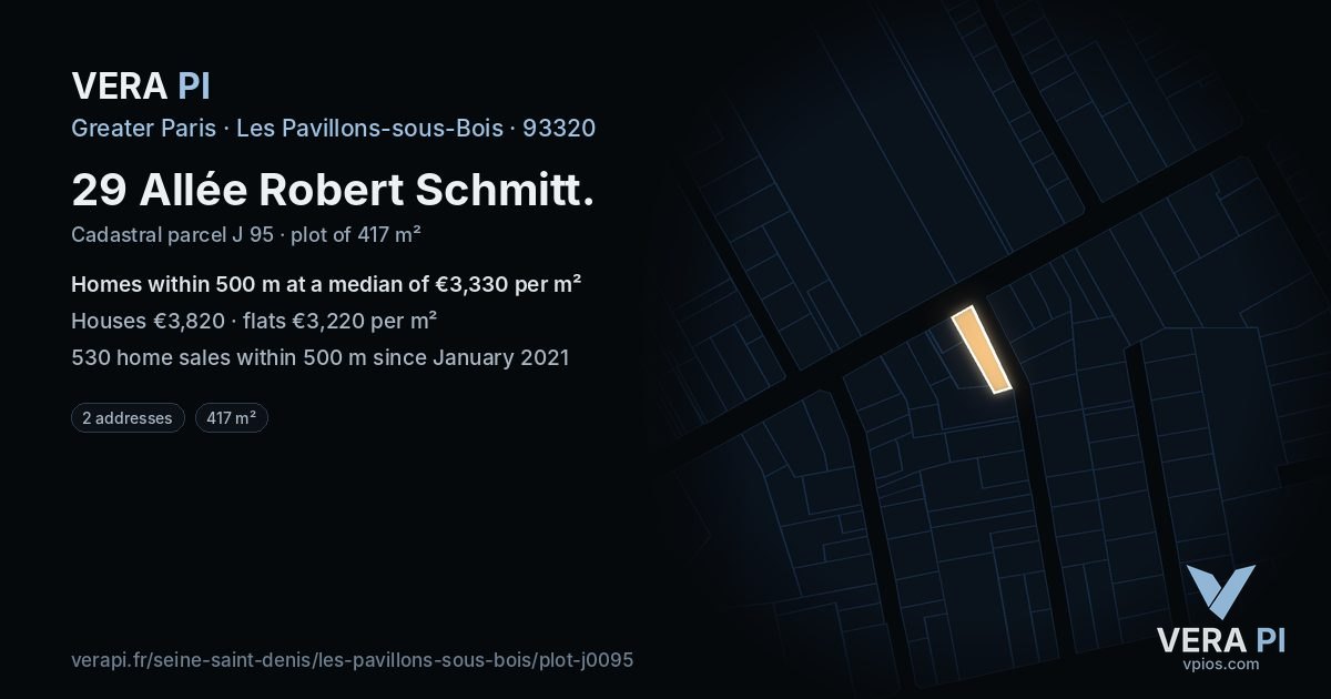 29 Allée Robert Schmitt, Les Pavillons-sous-Bois at night – the plot lit, the parcels around coloured by the prices near them