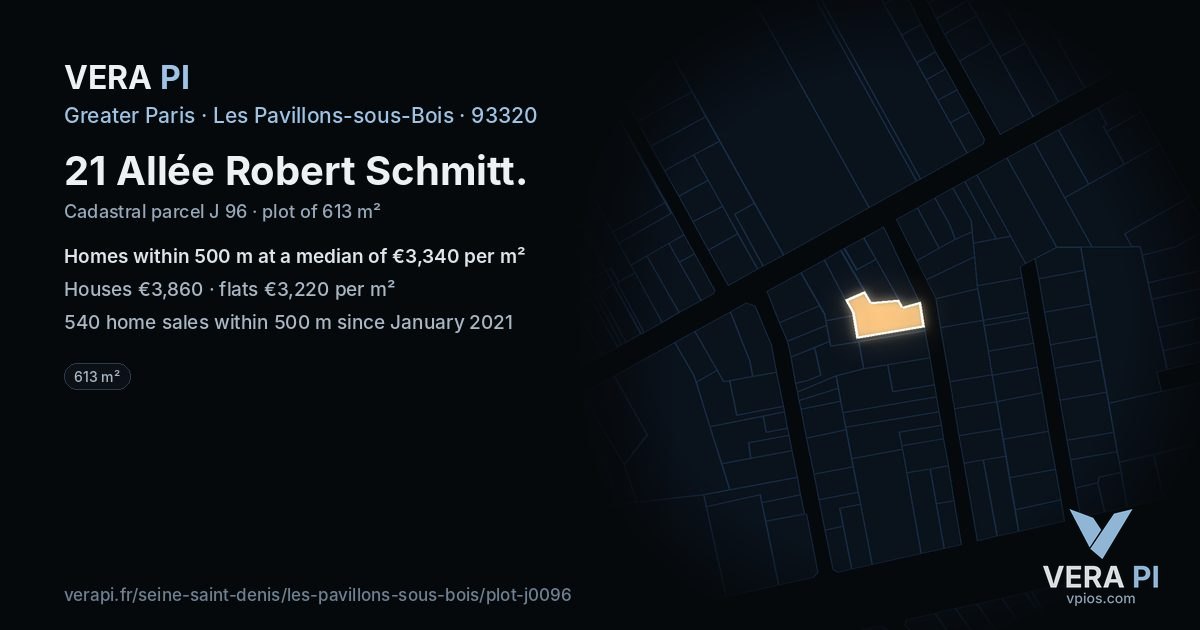 21 Allée Robert Schmitt, Les Pavillons-sous-Bois at night – the plot lit, the parcels around coloured by the prices near them