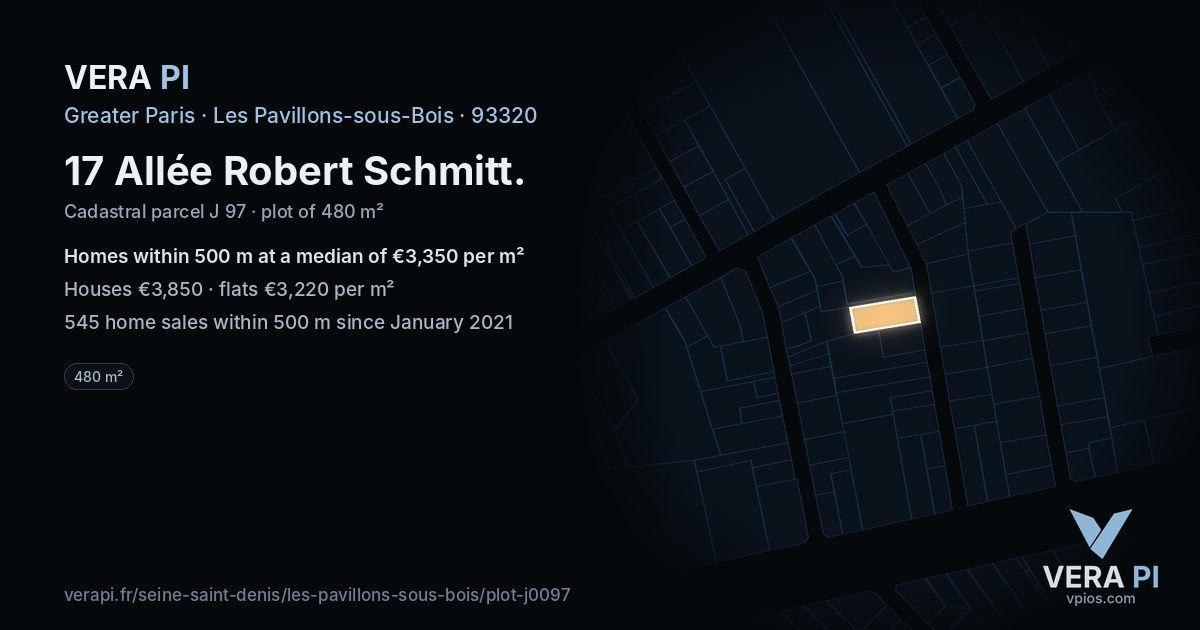 17 Allée Robert Schmitt, Les Pavillons-sous-Bois at night – the plot lit, the parcels around coloured by the prices near them