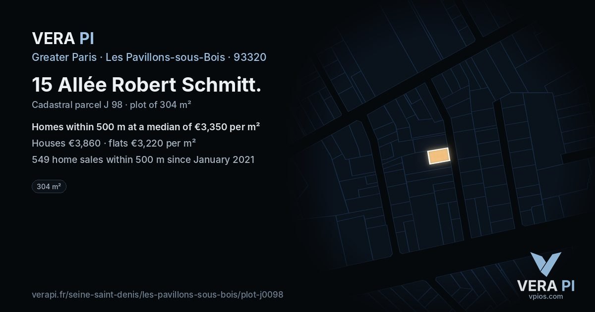 15 Allée Robert Schmitt, Les Pavillons-sous-Bois at night – the plot lit, the parcels around coloured by the prices near them