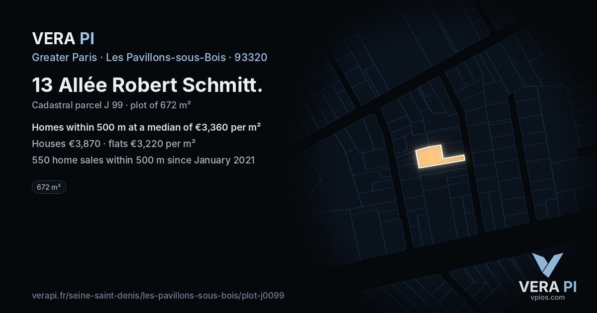 13 Allée Robert Schmitt, Les Pavillons-sous-Bois at night – the plot lit, the parcels around coloured by the prices near them