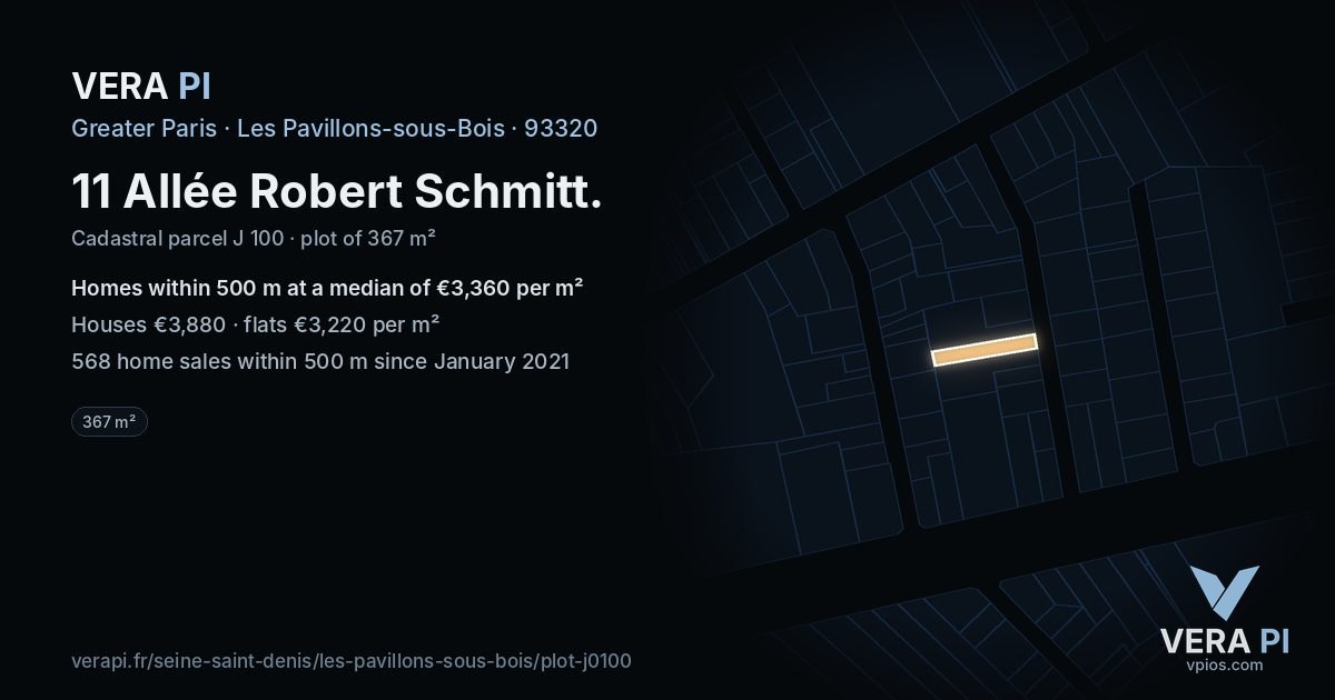 11 Allée Robert Schmitt, Les Pavillons-sous-Bois at night – the plot lit, the parcels around coloured by the prices near them