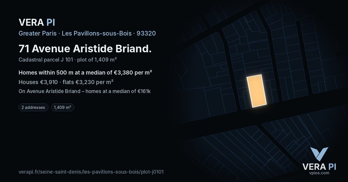71 Avenue Aristide Briand, Les Pavillons-sous-Bois at night – the plot lit, the parcels around coloured by the prices near them