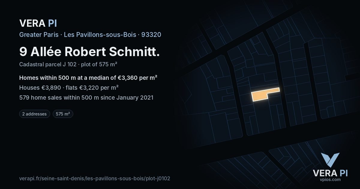 9 Allée Robert Schmitt, Les Pavillons-sous-Bois at night – the plot lit, the parcels around coloured by the prices near them