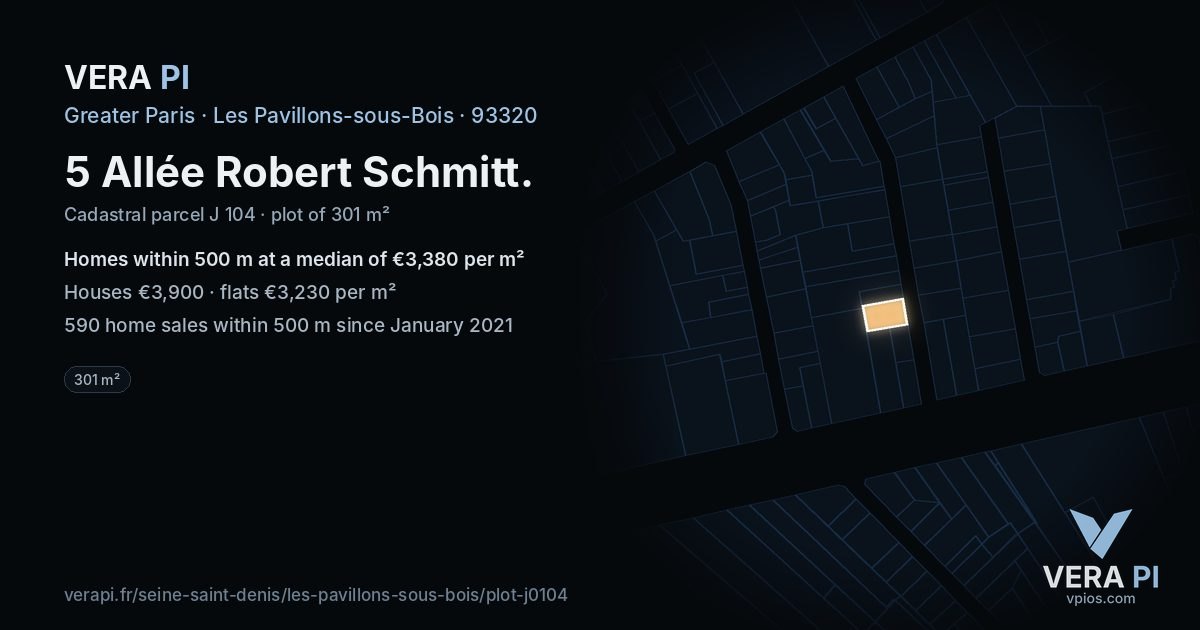 5 Allée Robert Schmitt, Les Pavillons-sous-Bois at night – the plot lit, the parcels around coloured by the prices near them