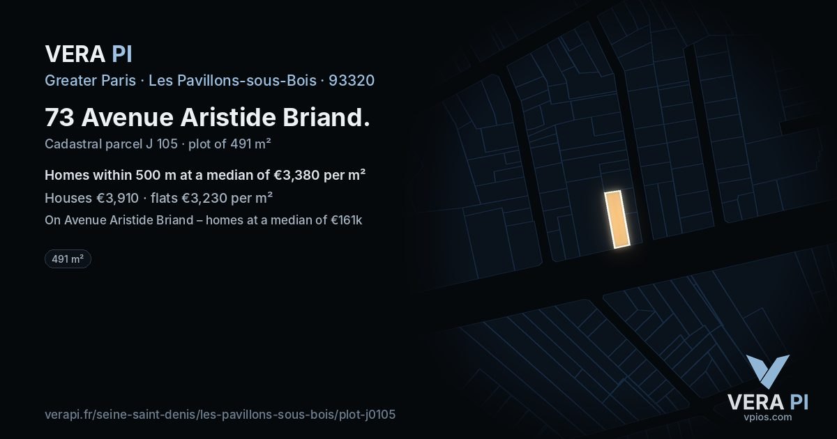 73 Avenue Aristide Briand, Les Pavillons-sous-Bois at night – the plot lit, the parcels around coloured by the prices near them