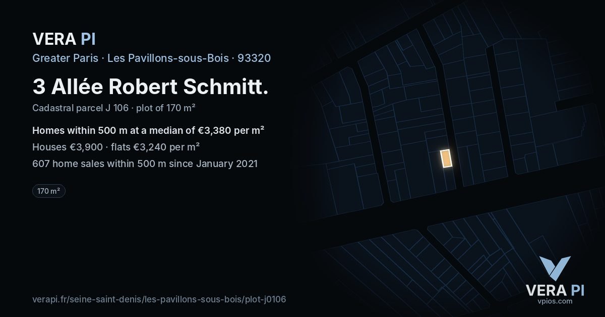 3 Allée Robert Schmitt, Les Pavillons-sous-Bois at night – the plot lit, the parcels around coloured by the prices near them