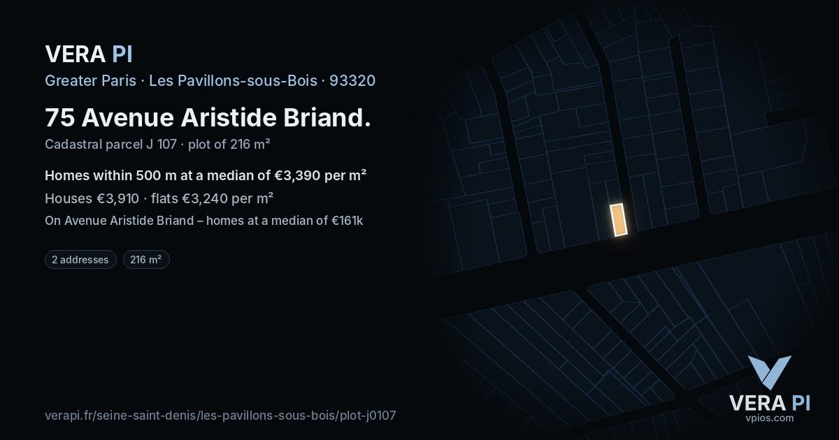 75 Avenue Aristide Briand, Les Pavillons-sous-Bois at night – the plot lit, the parcels around coloured by the prices near them