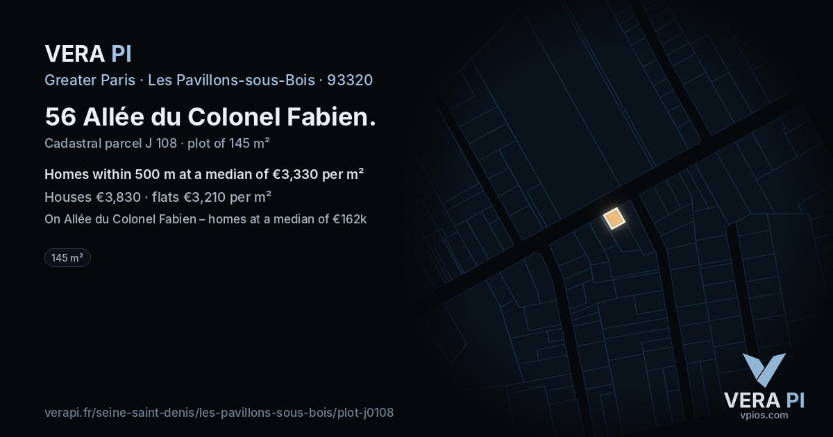 56 Allée du Colonel Fabien, Les Pavillons-sous-Bois at night – the plot lit, the parcels around coloured by the prices near them