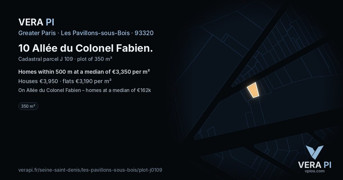 10 Allée du Colonel Fabien, Les Pavillons-sous-Bois at night – the plot lit, the parcels around coloured by the prices near them