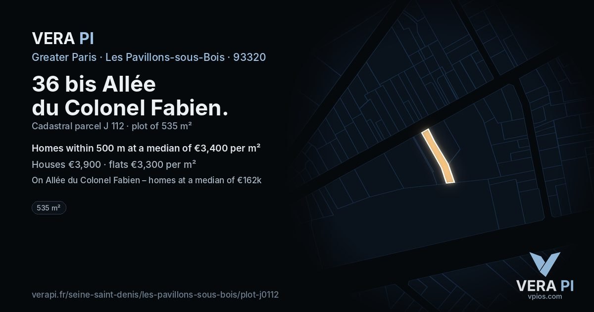 36 bis Allée du Colonel Fabien, Les Pavillons-sous-Bois at night – the plot lit, the parcels around coloured by the prices near them