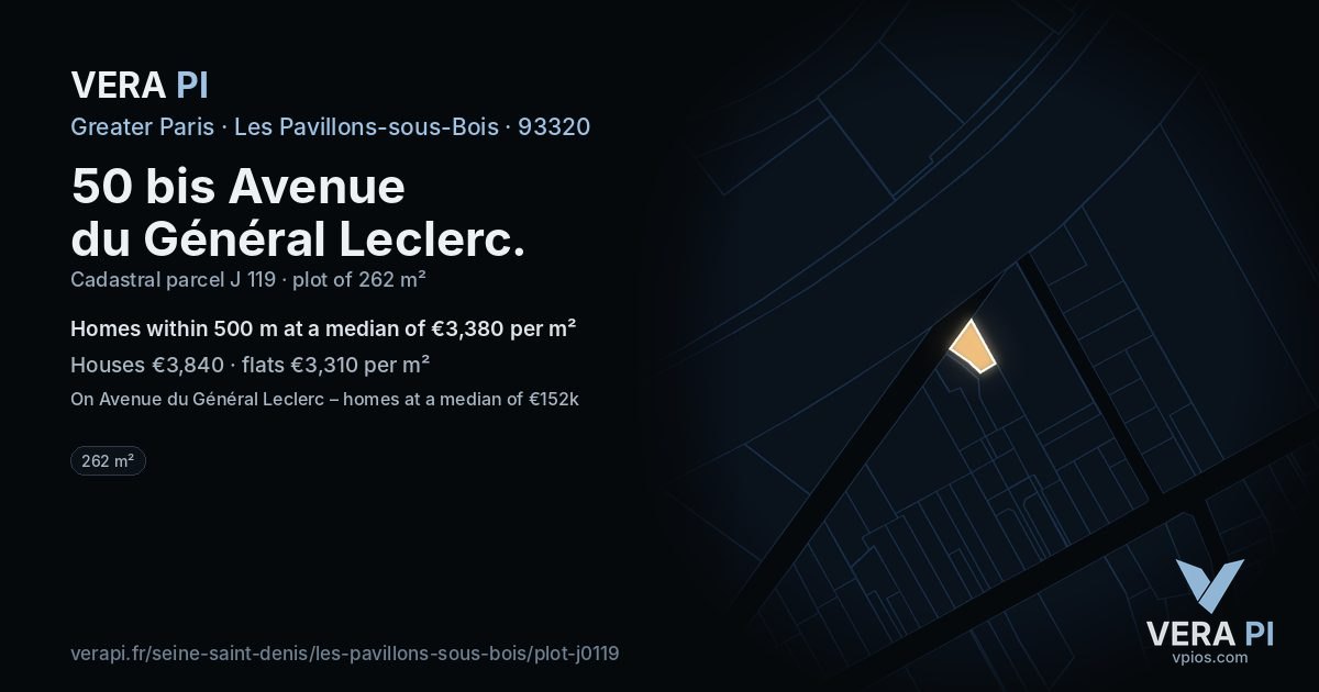 50 bis Avenue du Général Leclerc, Les Pavillons-sous-Bois at night – the plot lit, the parcels around coloured by the prices near them