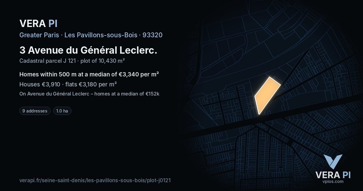 3 Avenue du Général Leclerc, Les Pavillons-sous-Bois at night – the plot lit, the parcels around coloured by the prices near them
