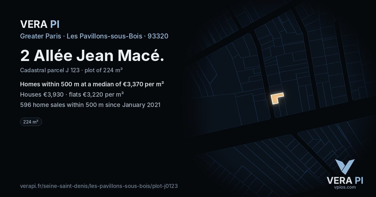 2 Allée Jean Macé, Les Pavillons-sous-Bois at night – the plot lit, the parcels around coloured by the prices near them