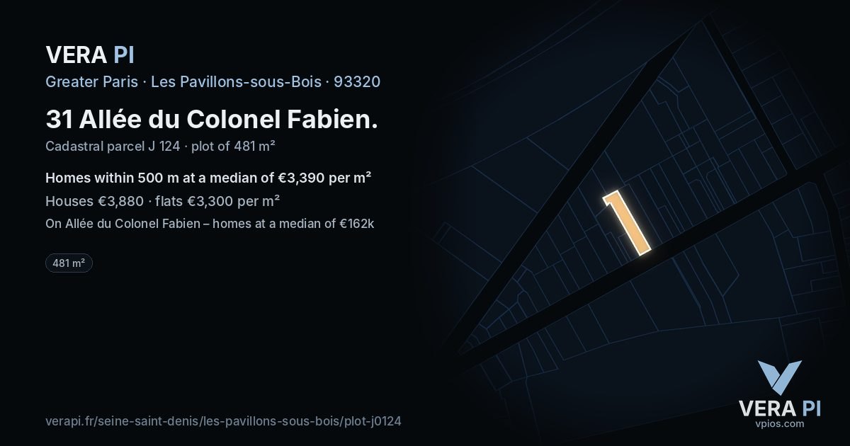 31 Allée du Colonel Fabien, Les Pavillons-sous-Bois at night – the plot lit, the parcels around coloured by the prices near them