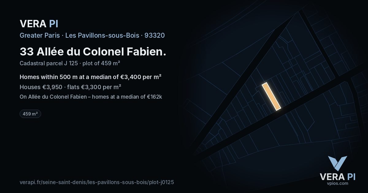 33 Allée du Colonel Fabien, Les Pavillons-sous-Bois at night – the plot lit, the parcels around coloured by the prices near them