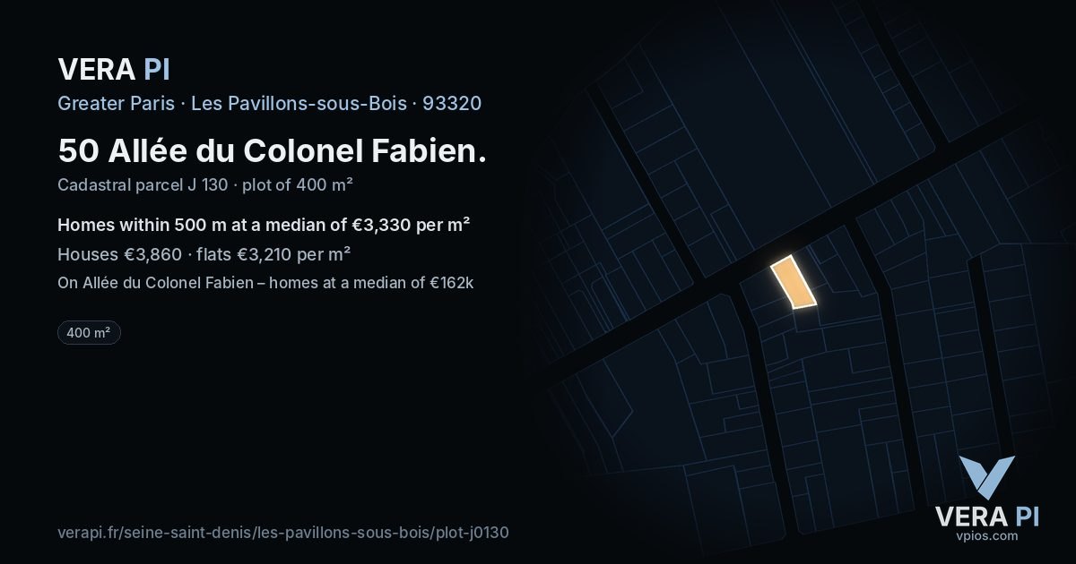 50 Allée du Colonel Fabien, Les Pavillons-sous-Bois at night – the plot lit, the parcels around coloured by the prices near them