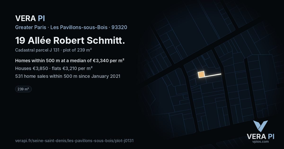 19 Allée Robert Schmitt, Les Pavillons-sous-Bois at night – the plot lit, the parcels around coloured by the prices near them