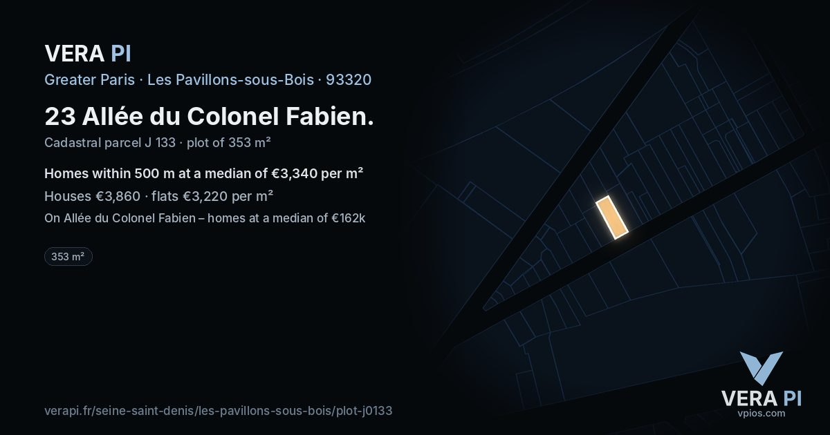 23 Allée du Colonel Fabien, Les Pavillons-sous-Bois at night – the plot lit, the parcels around coloured by the prices near them