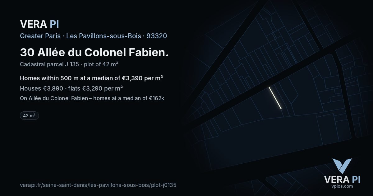 30 Allée du Colonel Fabien, Les Pavillons-sous-Bois at night – the plot lit, the parcels around coloured by the prices near them