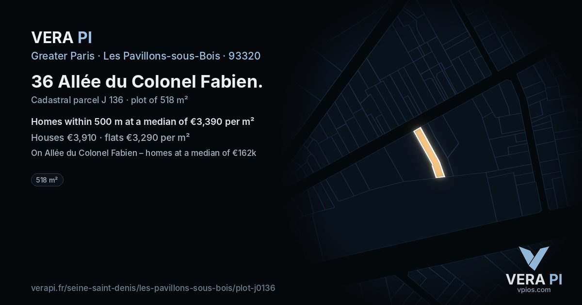 36 Allée du Colonel Fabien, Les Pavillons-sous-Bois at night – the plot lit, the parcels around coloured by the prices near them