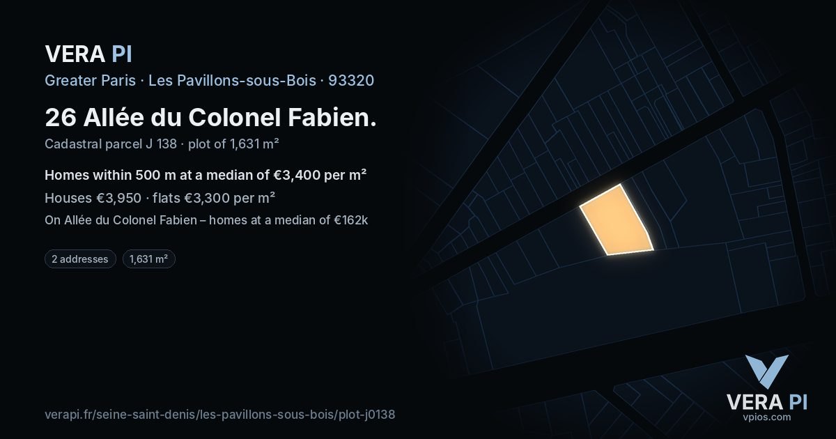 26 Allée du Colonel Fabien, Les Pavillons-sous-Bois at night – the plot lit, the parcels around coloured by the prices near them