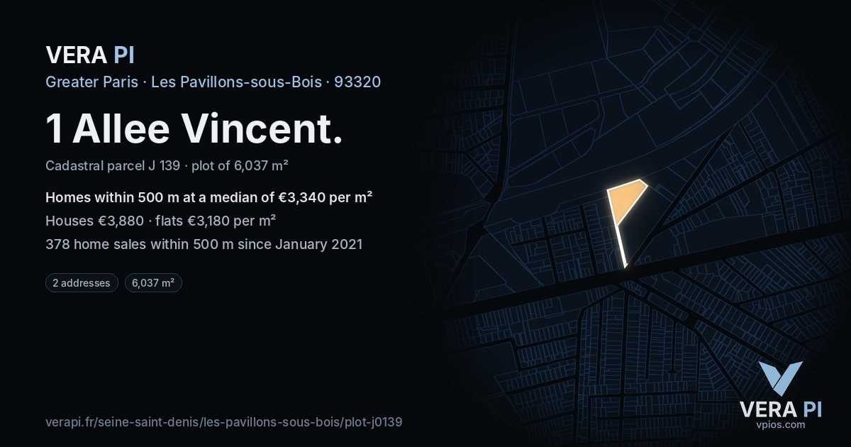 1 Allee Vincent, Les Pavillons-sous-Bois at night – the plot lit, the parcels around coloured by the prices near them