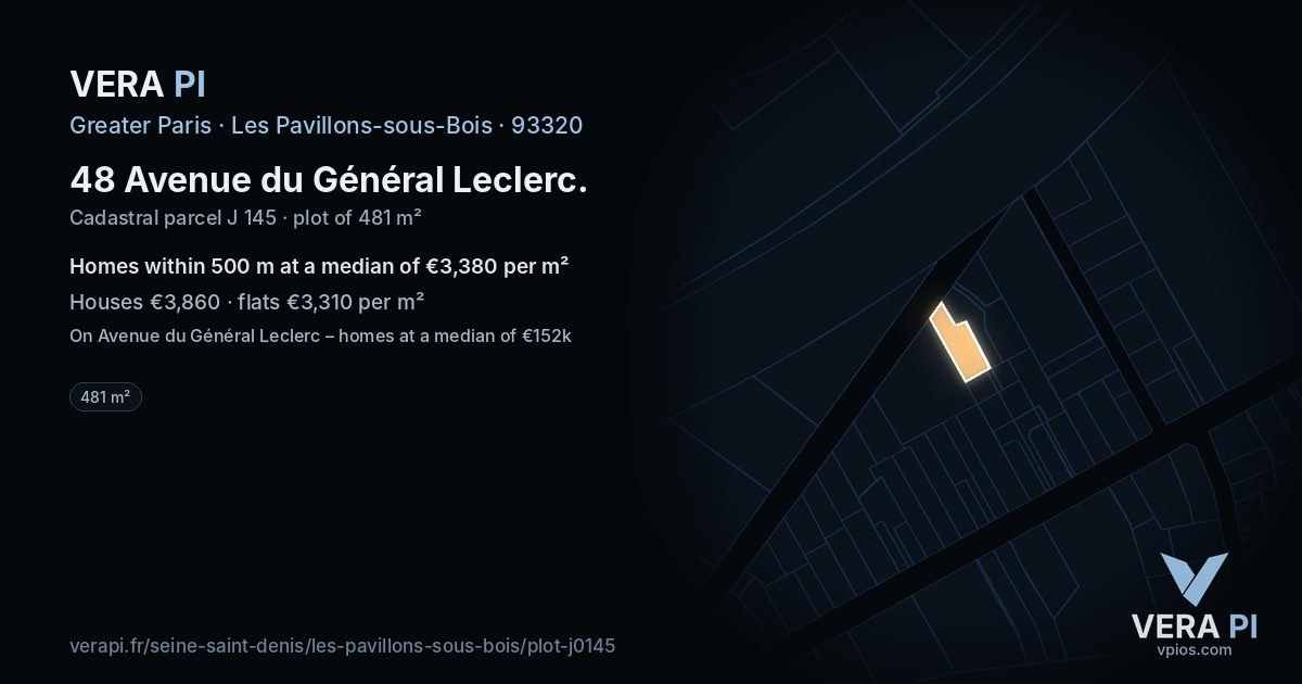48 Avenue du Général Leclerc, Les Pavillons-sous-Bois at night – the plot lit, the parcels around coloured by the prices near them