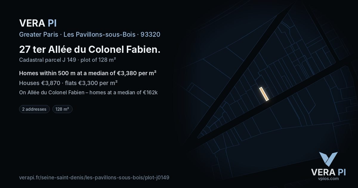 27 ter Allée du Colonel Fabien, Les Pavillons-sous-Bois at night – the plot lit, the parcels around coloured by the prices near them