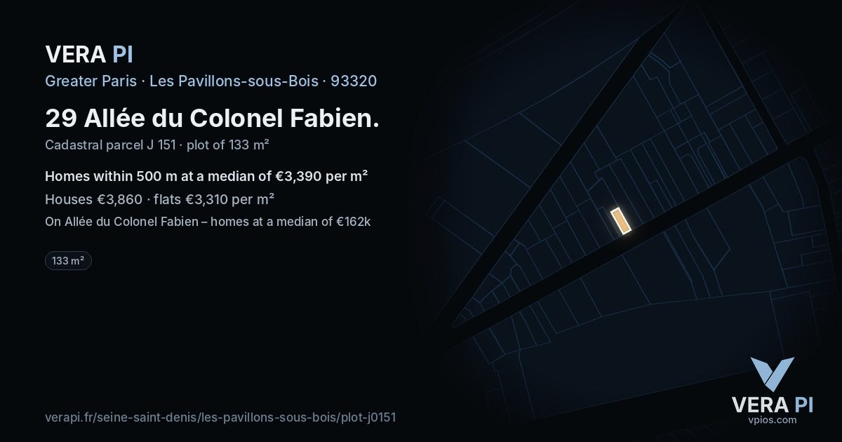 29 Allée du Colonel Fabien, Les Pavillons-sous-Bois at night – the plot lit, the parcels around coloured by the prices near them
