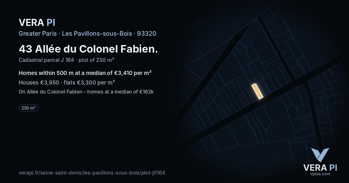 43 Allée du Colonel Fabien, Les Pavillons-sous-Bois at night – the plot lit, the parcels around coloured by the prices near them