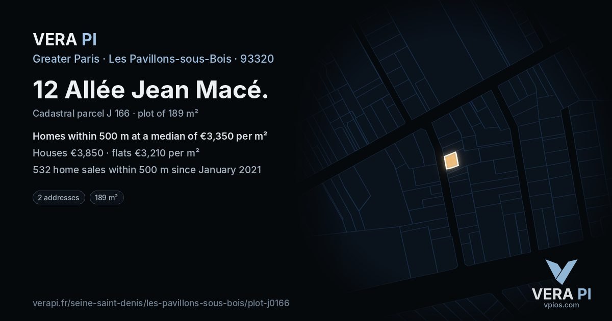 12 Allée Jean Macé, Les Pavillons-sous-Bois at night – the plot lit, the parcels around coloured by the prices near them