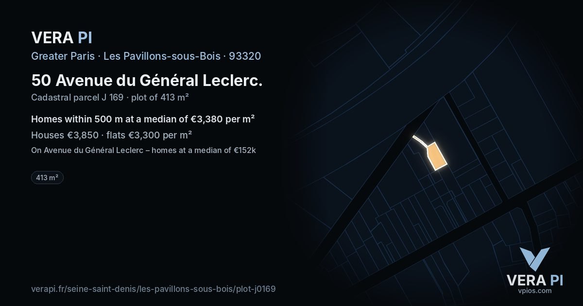 50 Avenue du Général Leclerc, Les Pavillons-sous-Bois at night – the plot lit, the parcels around coloured by the prices near them