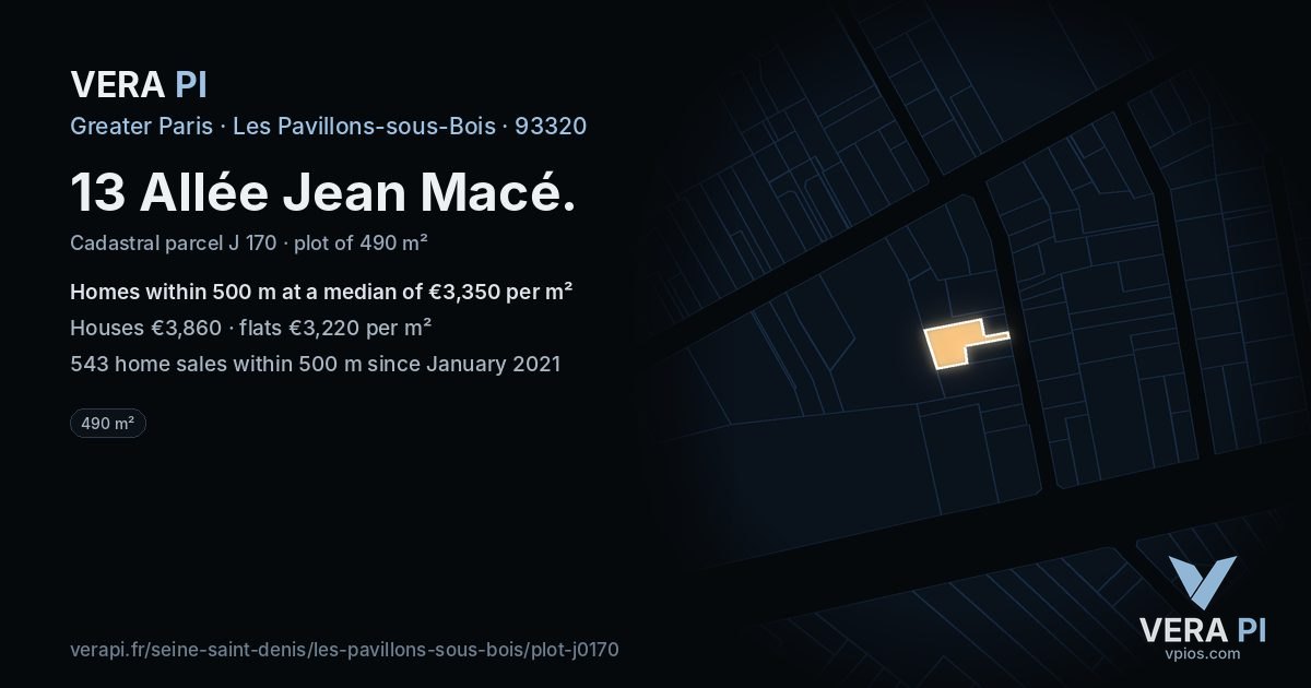 13 Allée Jean Macé, Les Pavillons-sous-Bois at night – the plot lit, the parcels around coloured by the prices near them