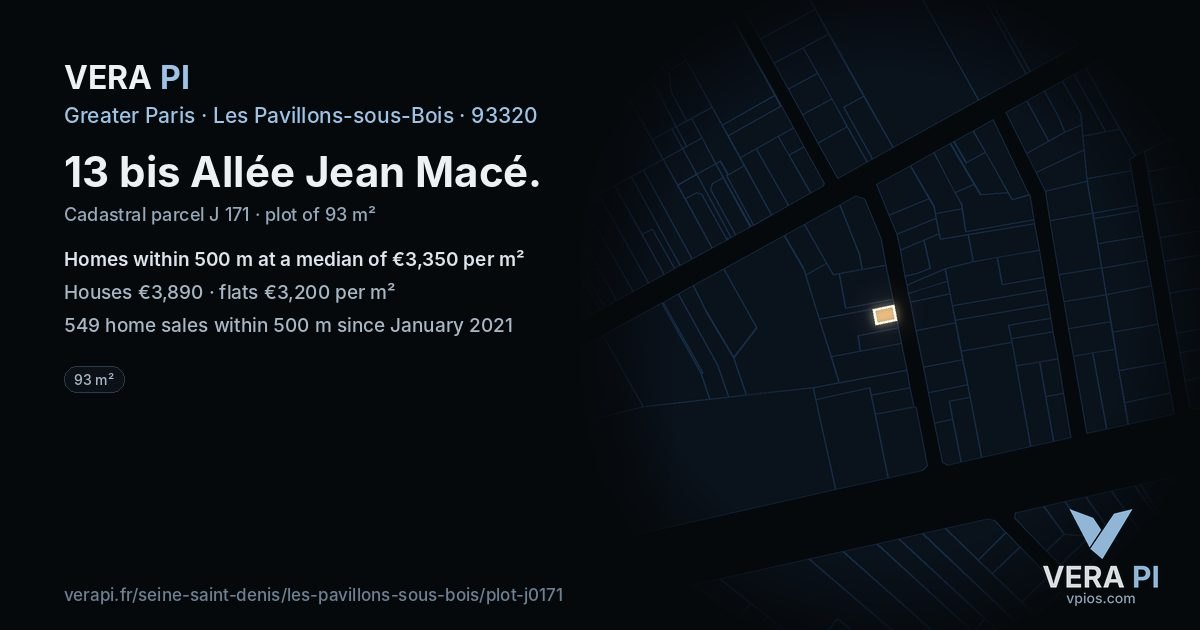 13 bis Allée Jean Macé, Les Pavillons-sous-Bois at night – the plot lit, the parcels around coloured by the prices near them