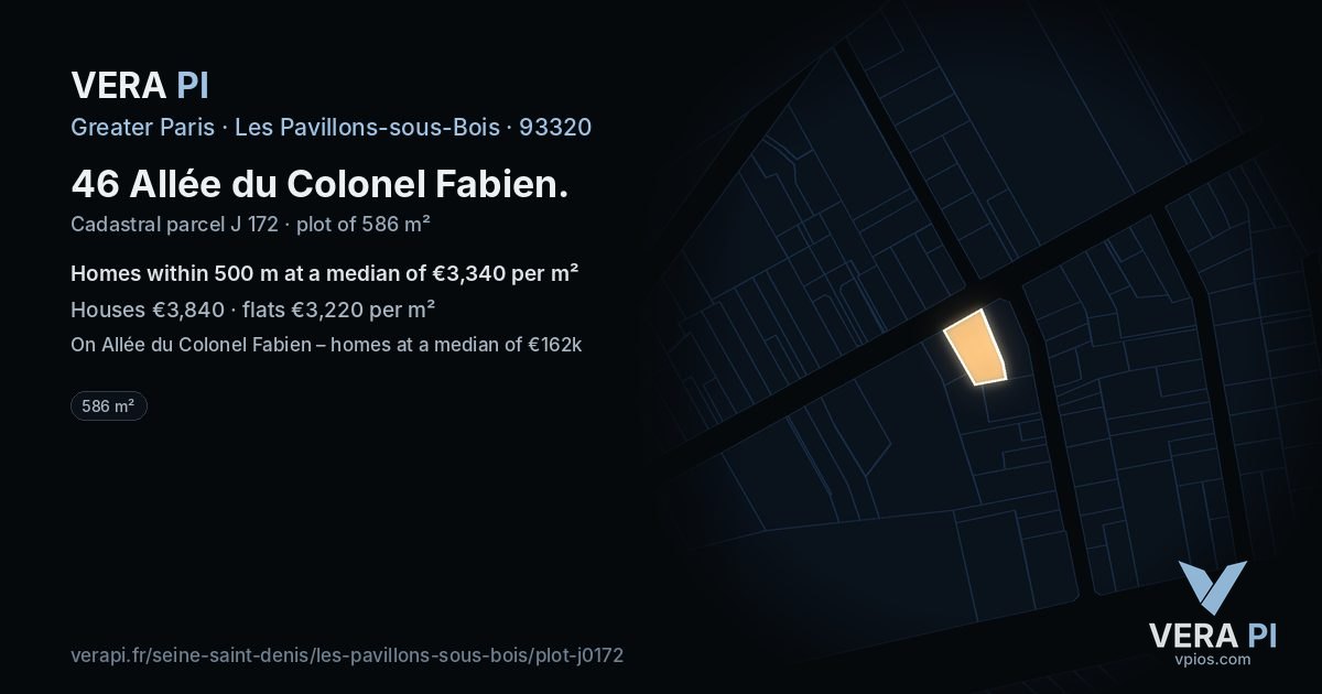 46 Allée du Colonel Fabien, Les Pavillons-sous-Bois at night – the plot lit, the parcels around coloured by the prices near them
