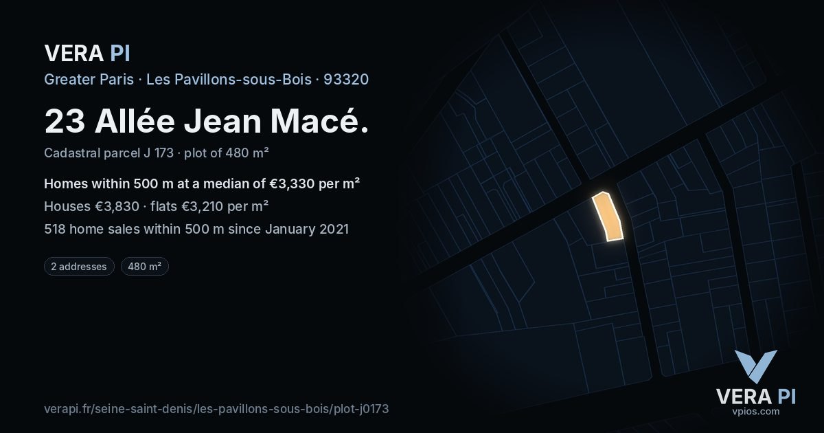 23 Allée Jean Macé, Les Pavillons-sous-Bois at night – the plot lit, the parcels around coloured by the prices near them