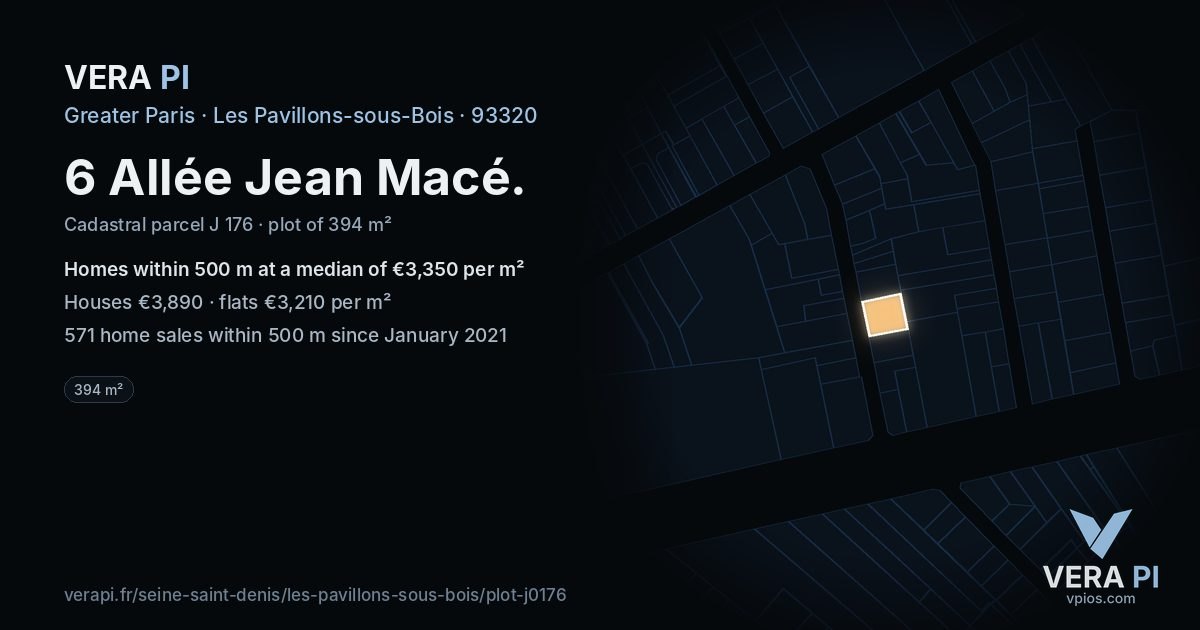 6 Allée Jean Macé, Les Pavillons-sous-Bois at night – the plot lit, the parcels around coloured by the prices near them