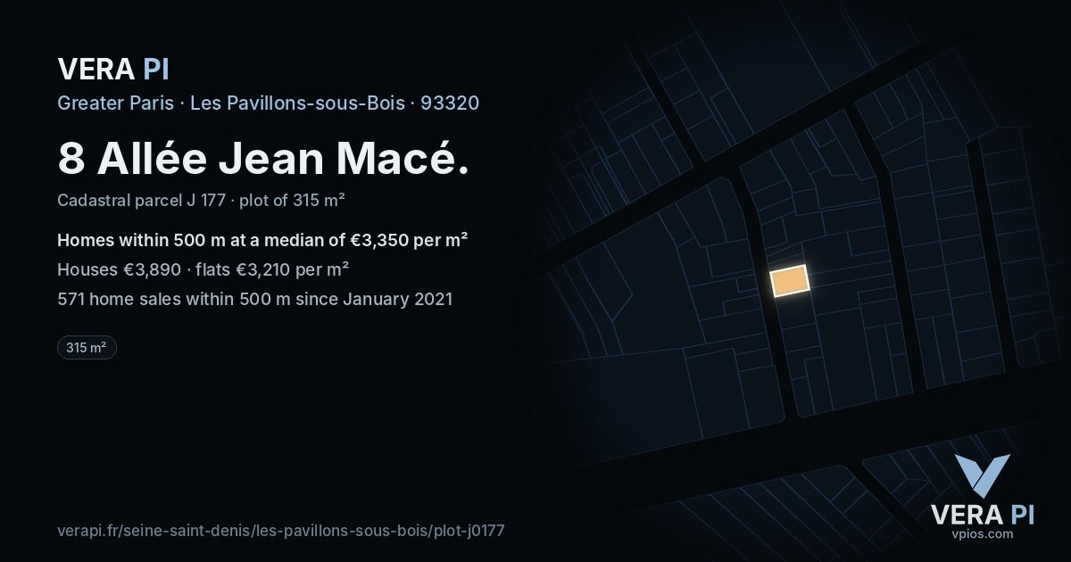 8 Allée Jean Macé, Les Pavillons-sous-Bois at night – the plot lit, the parcels around coloured by the prices near them
