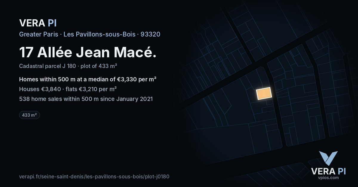 17 Allée Jean Macé, Les Pavillons-sous-Bois at night – the plot lit, the parcels around coloured by the prices near them