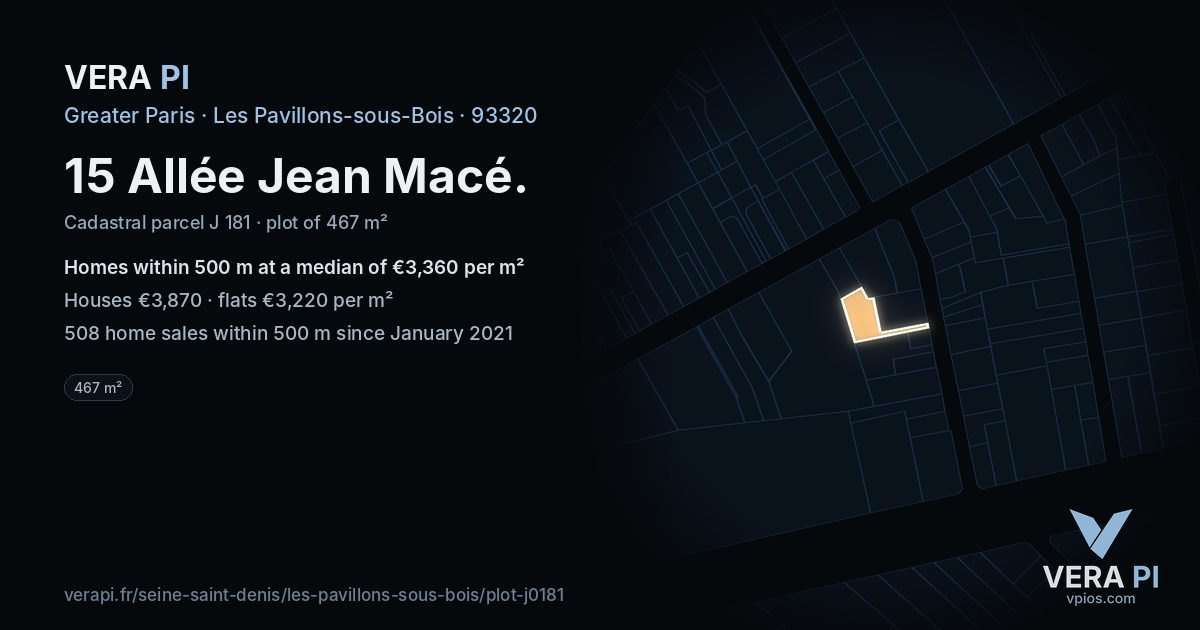 15 Allée Jean Macé, Les Pavillons-sous-Bois at night – the plot lit, the parcels around coloured by the prices near them