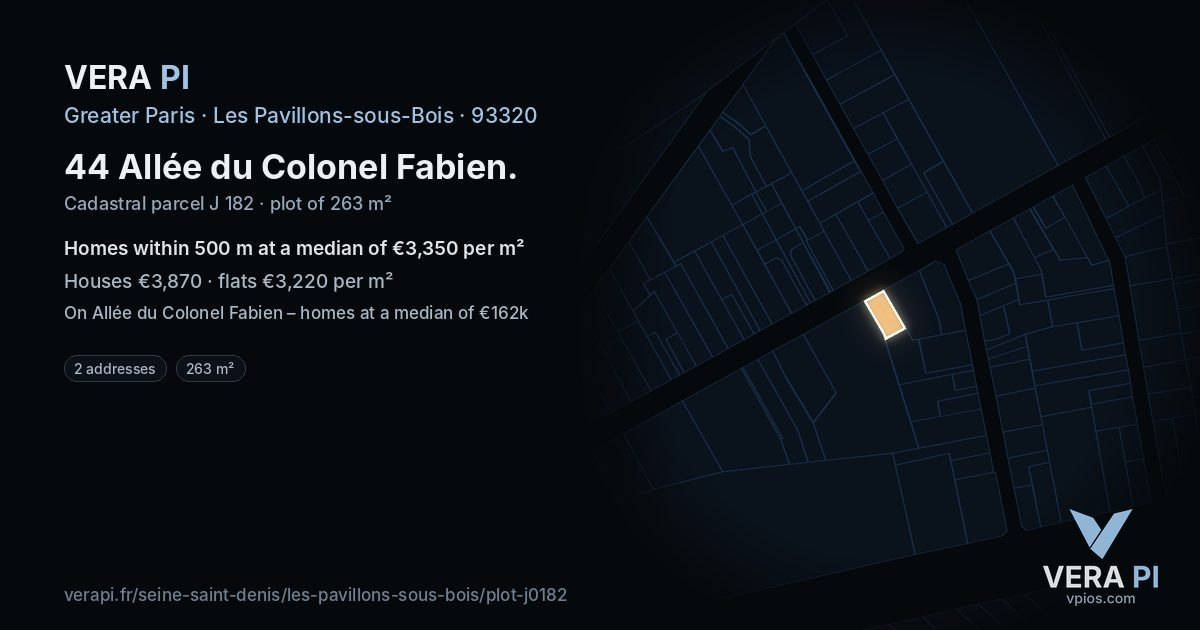 44 Allée du Colonel Fabien, Les Pavillons-sous-Bois at night – the plot lit, the parcels around coloured by the prices near them