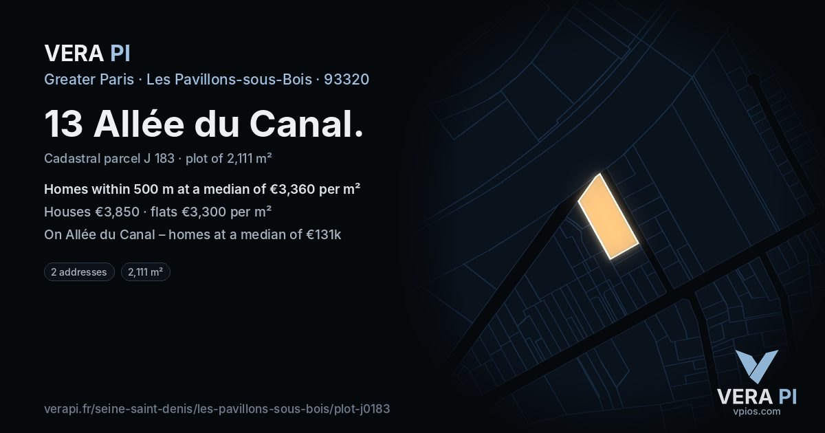 13 Allée du Canal, Les Pavillons-sous-Bois at night – the plot lit, the parcels around coloured by the prices near them