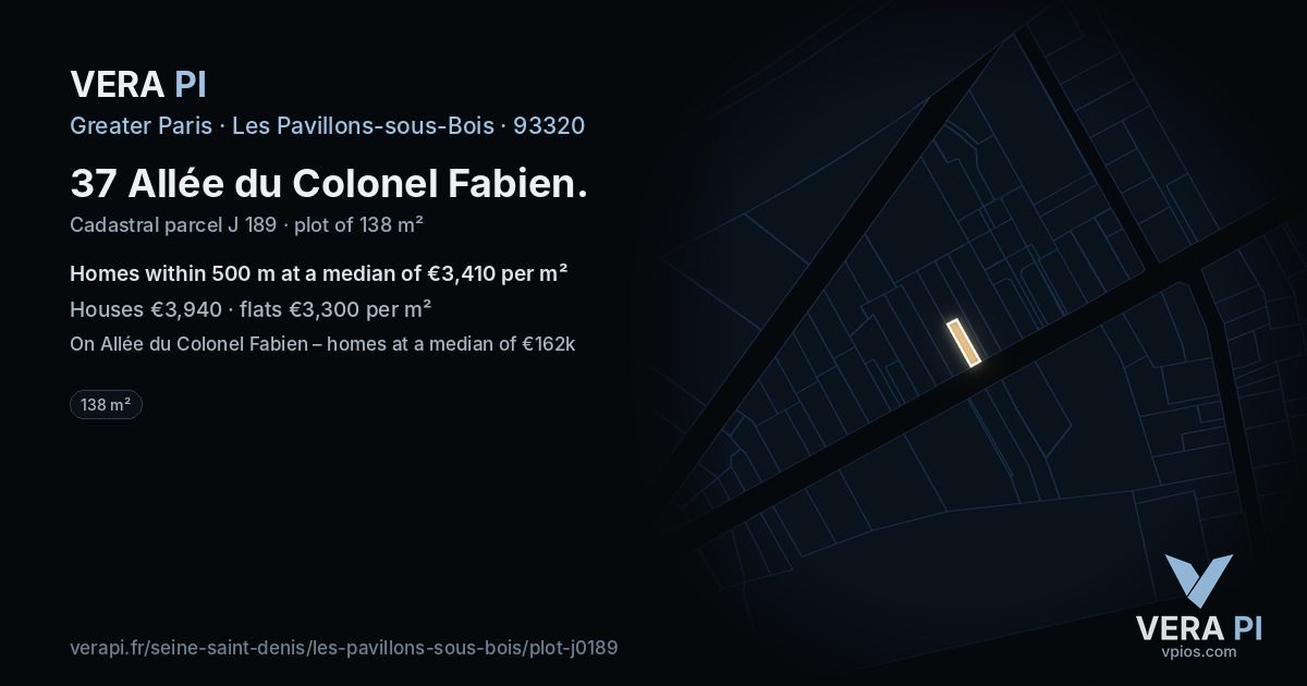 37 Allée du Colonel Fabien, Les Pavillons-sous-Bois at night – the plot lit, the parcels around coloured by the prices near them