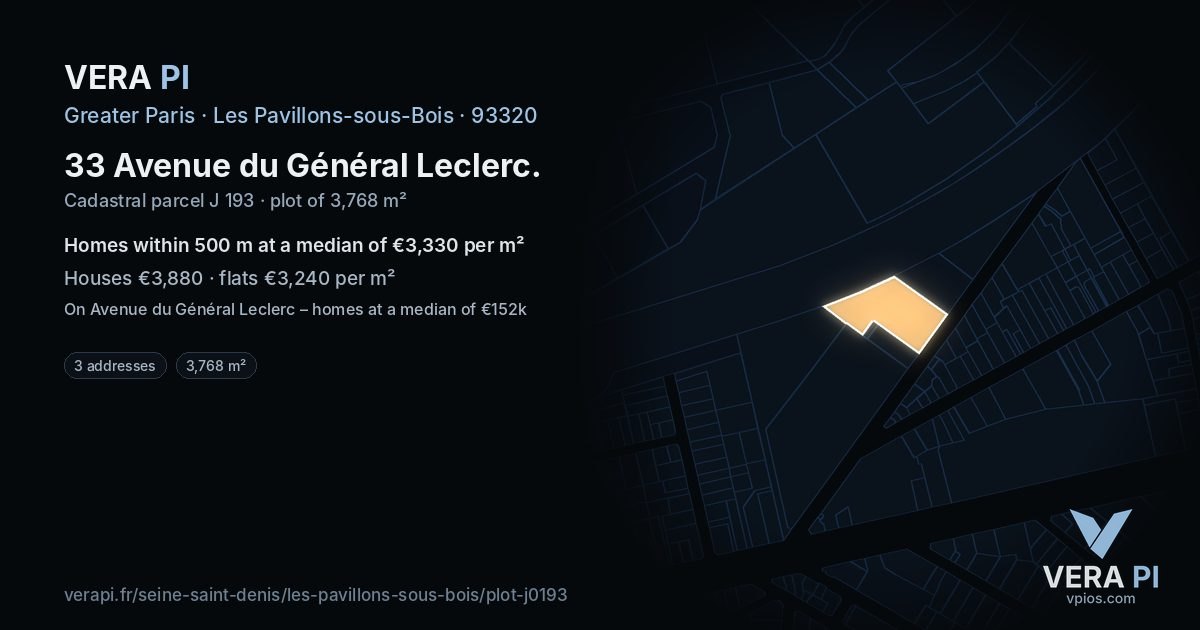 33 Avenue du Général Leclerc, Les Pavillons-sous-Bois at night – the plot lit, the parcels around coloured by the prices near them